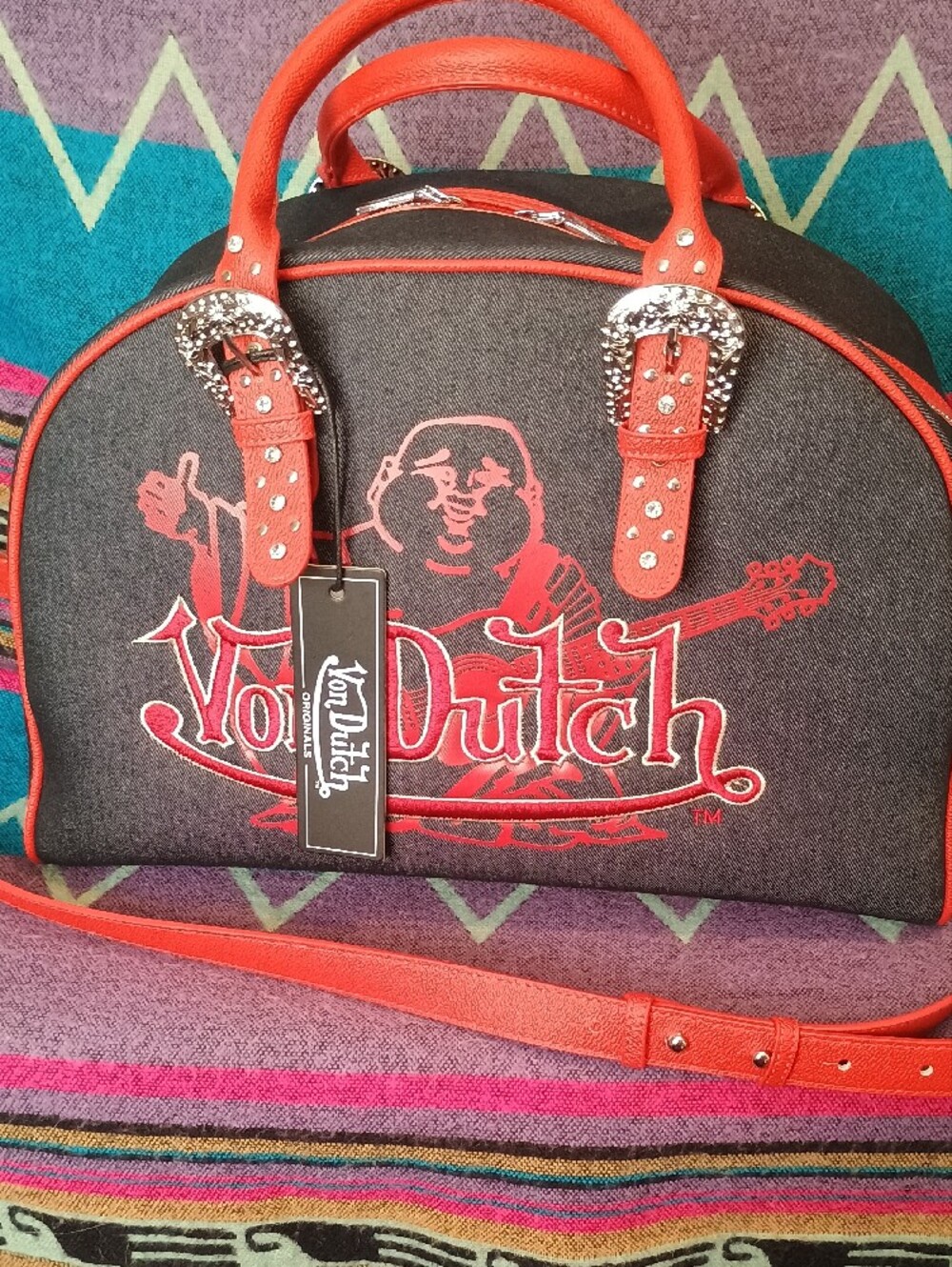Von Dutch Red and Gray Embroidered Logo Satchel with Studded Buckles - Picture 12 of 12